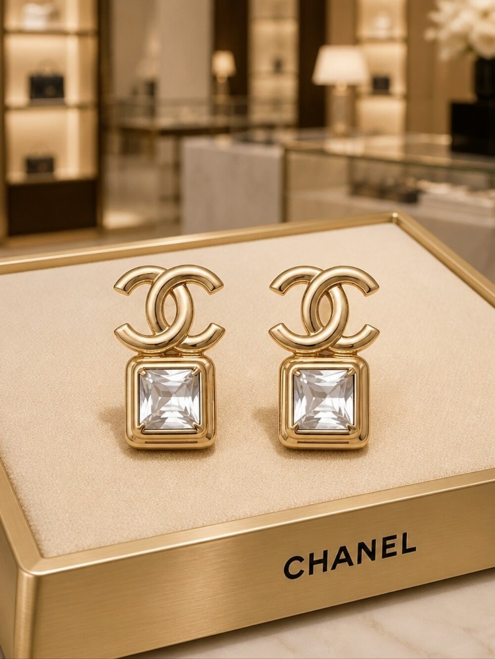 CHANEL Gold and Clear Crystal Interlocking CC Drop Earrings